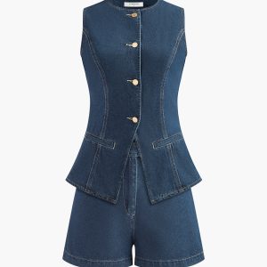 Denim Peplum Vest With Shorts Set