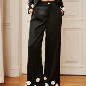 Satin 3D Flower Button Pants