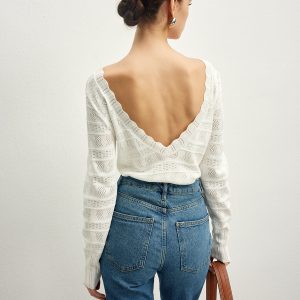 Lettuce Trim Backless Pointelle Knit Top
