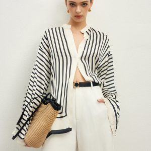 Satin Striped Button Cozy Blouse