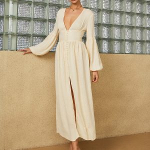 Boho Lantern Sleeve Button-Front Long Split Dress