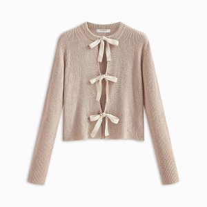 Plain Ribbed Bow Knotted Cardigan