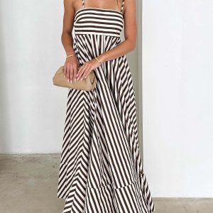 Striped Pleated Cami Long Dress