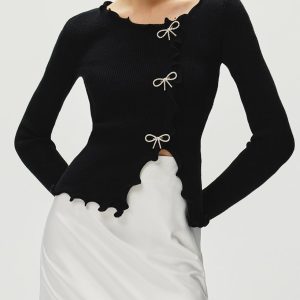 Rhinestone Bow Lettuce Trim Sweater