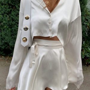 Satin Raw Hem Tied Two Piece Skirt Set