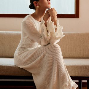 Semi-Sheer Piping Ruffle Drawstring Knit Dress
