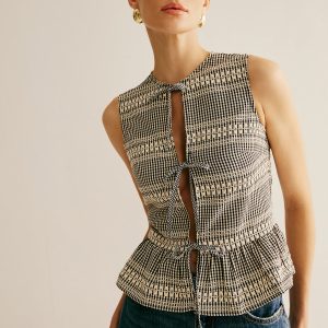 Plaid Tie Front Ruffle Tank Top