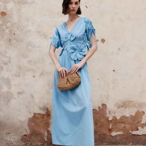 Flower Drawstring V-Neck Long Dress