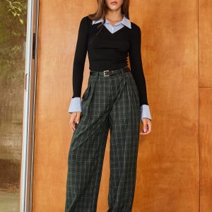 Vintage Plaid Belted Wide-Leg Pants