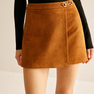 Metal-Detail Suede Effect Mini Skirt