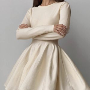 Plain Pleated Sweater Short Dress
