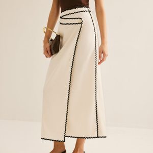Cotton & Linen Wave Trim Midi Skirt