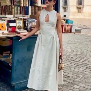 Cotton & Linen Pleated Cutout Long Dress