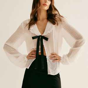 Ruffle Neck Pinstripe Semi-Sheer Shirt