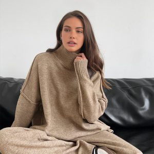 Plain Turtleneck Knit Pants Set