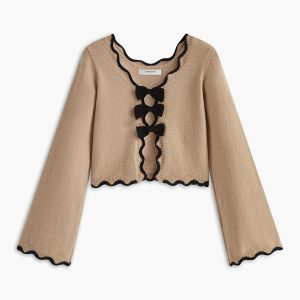 Contrast Wave Trim Bow Sweater