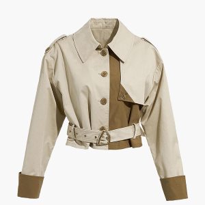 Two Tone Buckle Belted Trench Coat