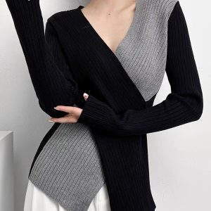 Two Tone Criss Cross Slim Knit Top