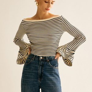 Striped Ruffle-Sleeve Knit Top