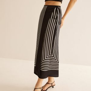 Geometric Pinstripe Satin Wrap Tie Skirt