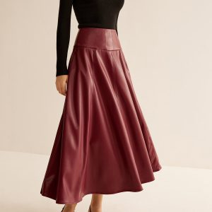 Back Zipper Pleated Faux Leather Skirt