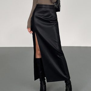 Side Split PU Leather Midi Skirt