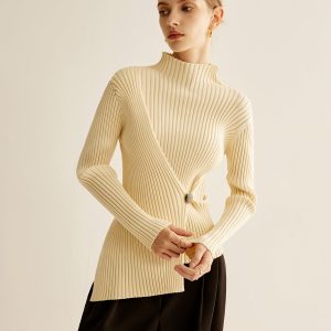 Mock-Neck Ribbed Cinched Sweater
