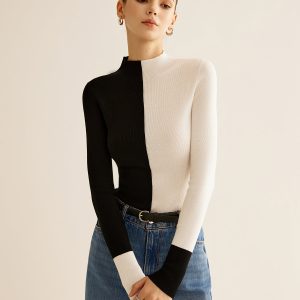 Wool-Blend Two Tone Skinny Knit Top