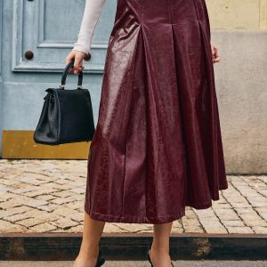Metal-Detail Pleated Faux Leather Skirt