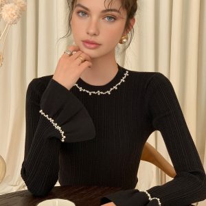 Beaded-Decor Ruffle Knit Top