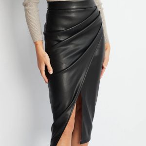 Pleated Split PU Leather Skirt