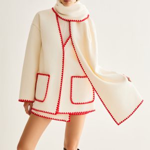 Embroidered Trim Tweed Coat With Matching Scarf