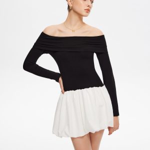 Two Tone Off Shoulder Bubble Short Dress