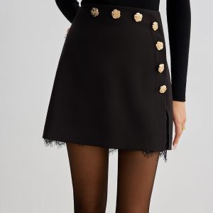 Lace Trim Metal-Flower Zipper Skirt