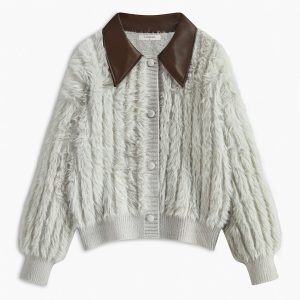 PU-Collar High Stretch Fuzzy Cardigan