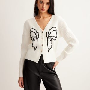 Embroidery-Bow Button Short Cardigan