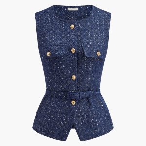 Sequins Button Belted Tweed Vest