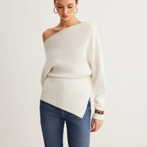 Wool-Blend Asymmetrical Neck Knit Top