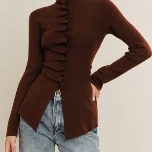 Button Pleated Split Knit Top
