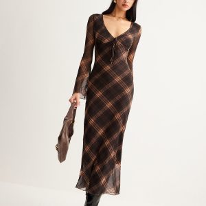 Semi-Sheer Checked Bell-Sleeve Mesh Dress