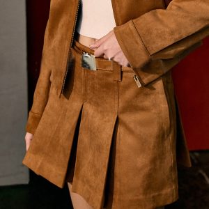 Suede Effect Pleated Pockets Skirt With Belt