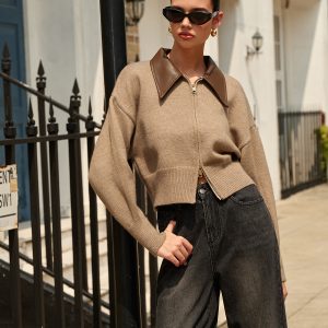 Panel Neck Double-Zip Crop Cardigan