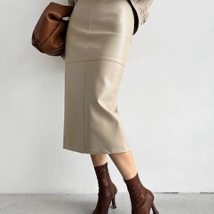 Faux Leather Piping Sit Midi Skirt
