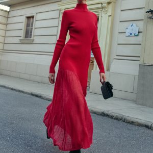 Mock Neck  Pleated Panel Sweater Dress