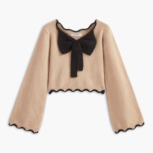Contrast Wave Trim Bow Sweater