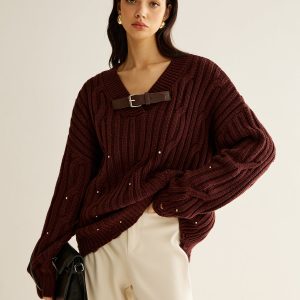 Buckle Belted Beaded Knit Top