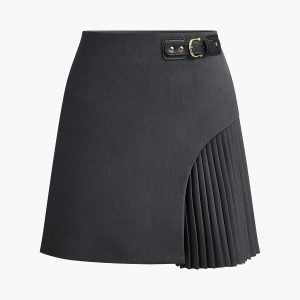 Side Pleated Buckle Belted Skirt
