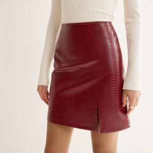 Crocodile PU Leather Slit Skirt