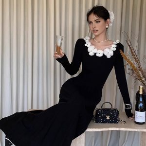Floral Decor Pleated Sweater Dress
