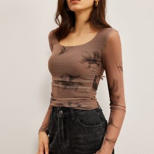Tie Dye Floral Printed Mesh T-Shirt
